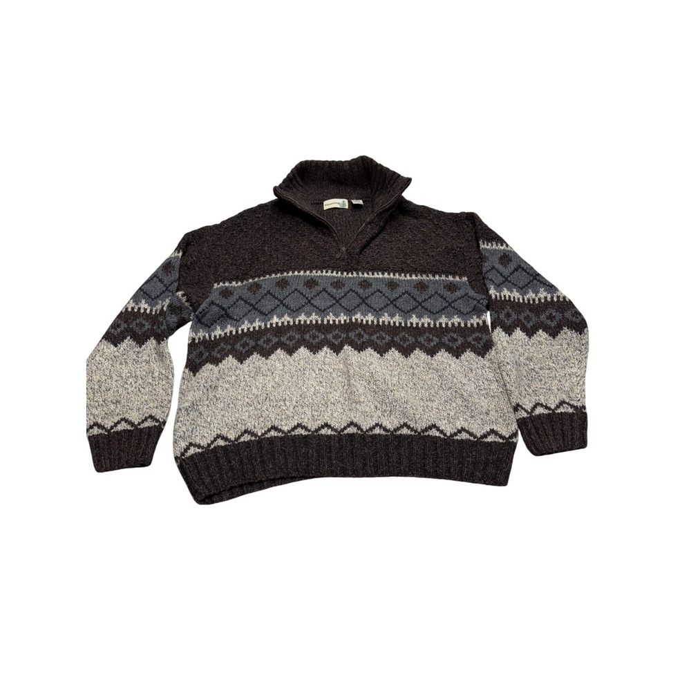 Fieldmaster Men's Quarter Zip Pullover Knit Sweater Brown Fair Isle